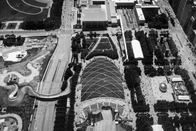 Millennium Park, Cloud Gate, Pritzker Pavilion, Chicago view from the Aon Center, Black and White