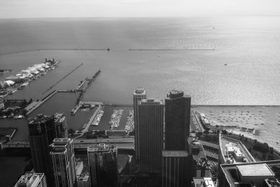 Lake Michigan, Navy Pier, Chicago view from the Aon Center, Black and White