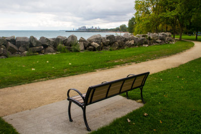 View of Chicago, bench, Elliot Park, Evanston, Illinois