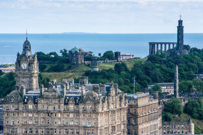 Balmoral Hotel with the National Monument and the Nelson Monument, Edinburgh, Scotland