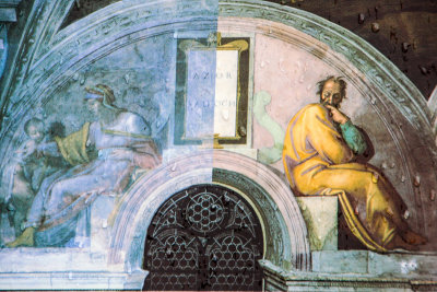 Michelangelo paints himself into the ceiling at Sistine Chapel, Vatican City