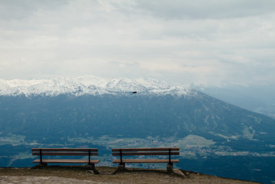 Benches, View of Innsbruck from Hafelekarspitze, mountain peak, Austria
