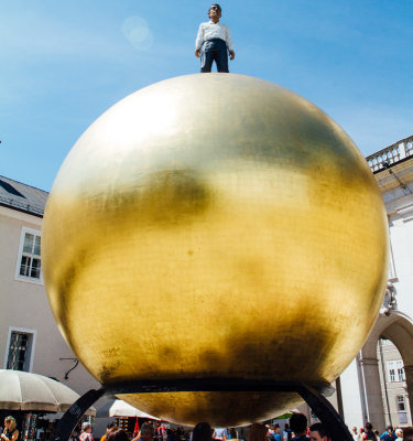 Sphaera Ball on Kapitelplatz, Man on Ball, Stephan Balkenhol,  Salzburg, Austria