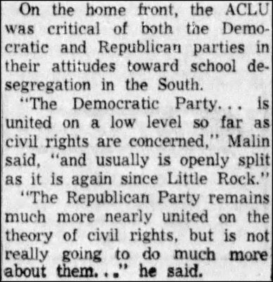aclu criticzes both political parties regarding segregation 1958 january 13