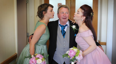 bride's father with bridesmaids, Anna and Cody