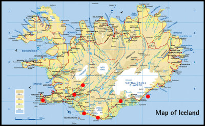 Iceland map - red dots are our photospots