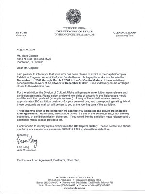 State of Florida letter concerning Cultural Affairs Solo Art Show at State Capitol Bldg