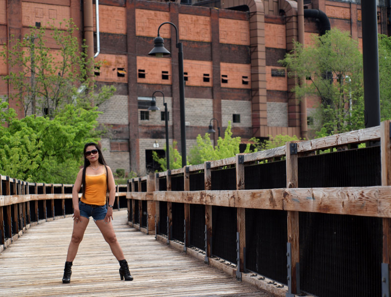 Eve On A 1910 Railroad S-Bridge...That's The Old UniRoyal Tire Plant Behind Her.