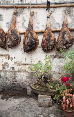 Unidentified meat cuts hanging up to cure.