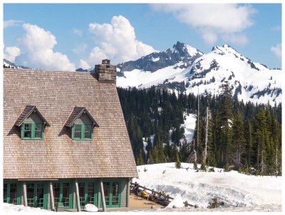 Paradise Inn, deck, and some of the Peaks in the Tatoosh Range