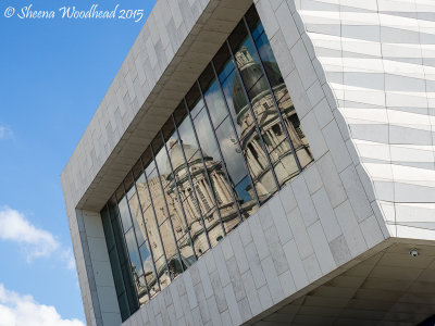 Reflections in the glass of the Museum of Liverpool Building