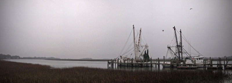 Shrimp boats at Crosbys, foggy winter morning