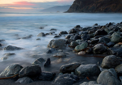 Wet rocks at sunset
