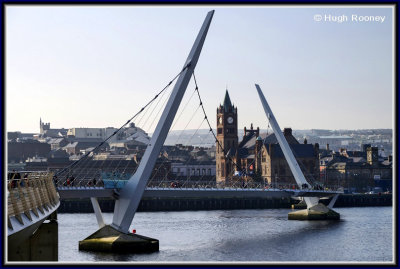 Ireland - Derry - Peace Bridge with River Foyle and Guild Hall 