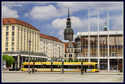 Dresden - Altmarkt square with former Palace of Culture and Hausmann Tower behind 
