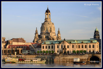  Dresden - Frauenkirches dome with boats moored on the River Elbe 