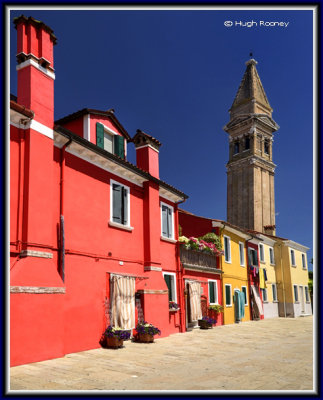   Venice - Burano Island - Chiesa di San Martino fronted by colourful houses 