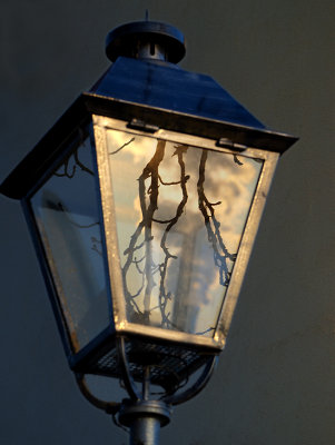 A street lamp with sunset light.