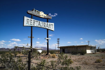 ROUTE 66-CALIFORNIA-An old sign marks the long-closed Road Runners Retreat