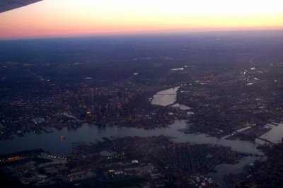 Boston from the air at dusk