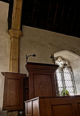 pulpit above box pews