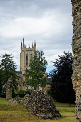 The C20th cathedral tower from the C12th abbey ruins