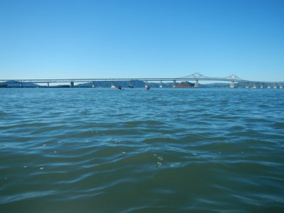 The island is to the right of the two kayakers and just to the left of the main span of the bridge.