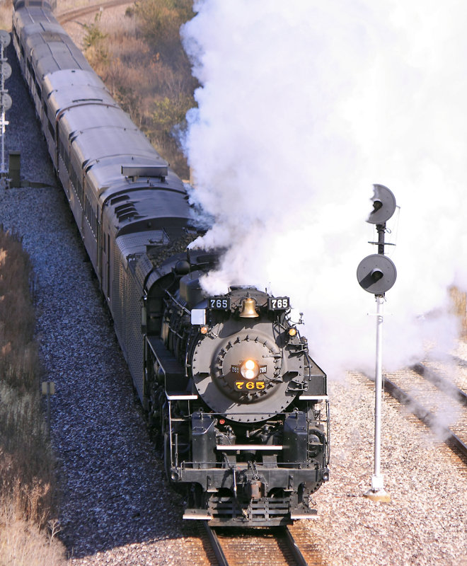 NKP 765 charges upgrade, passing the old Wabash signals at Delphi 