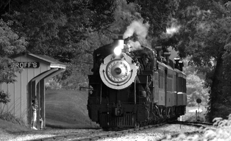 The Strasburg local makes a station stop at Groffs Grove on a hot July afternoon. 