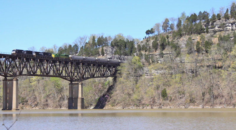 Southbound 46G starts across the bridge, slowing for a crew change on the other side 