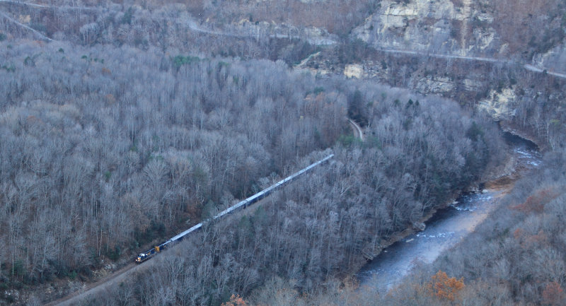 Shortly after crossing the bridge at Poole Point, the Santa Train follows the Russell Fork through the Breaks Interstate Park 