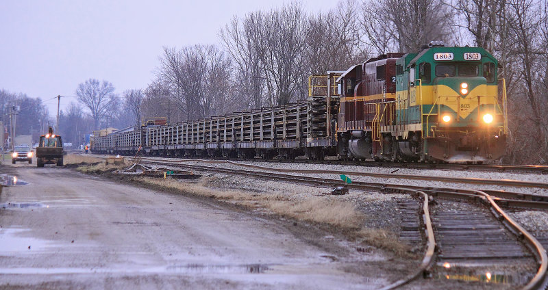 A loaded rail train is ready to start laying new 132 pound steel South of Scottsburg 