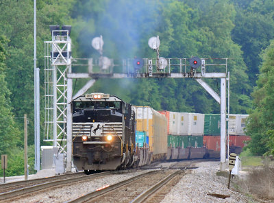 Northbound 224 is down to a crawl as the long train climbs Norwood Hill, see here passing under the signals at Cumberland Chair