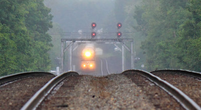 Still almost 3/4 of a mile away, Northbound 216 hustles under the signal bridges at Waynesburg