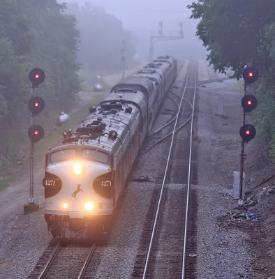 NS 955   passing the searchlight signals at South Danville on a foggy Friday morning.