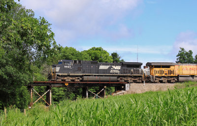 285 crosses the bridge over James Run creek on a sunny Sunday morning 