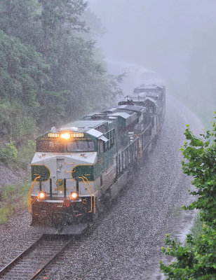 Strong wind and and heavy rain fill the valley at Parkers Lake as Southern 8099 rolls through the cut 