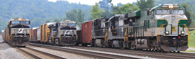Southern 8099 leads train 197 out of the yard at Burnside Ky, with 2 more Southbounds tied down waiting on rested crews 
