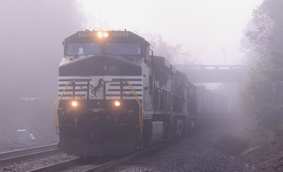 Northbound 216 passes under the old US 27 bridge on the Northside of Somerset on a foggy October morning 