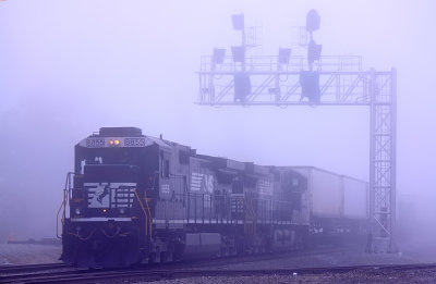 Northbound 282 departs Burnside surrounded by a thick blanket of fog