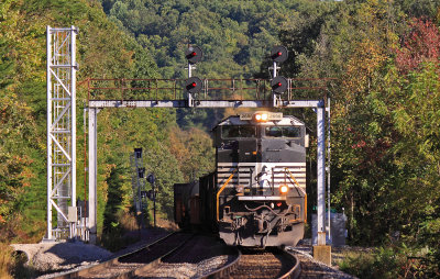 The fall colors are just begining to show as Northbound 168 comes under the signals at Southfork 