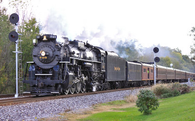 Nickel Plate Road 765 passes the Searchlight signals at CP Colburn (Buck Creek)
