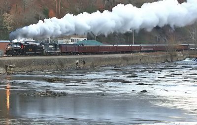 Running late after the diesel helpers failed, SR 630 follows the French Broad river West at Marshall