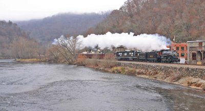 The French Broad River gently flows through Marshall, NC as 630 works through town Eastbound