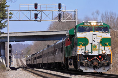 Southbound NS 957 comes under the signal bridge at CP Pemberton shortly after departing