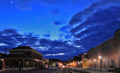 Downtown Frankfort at Twi-light on Derby Eve. The former L&N depot can be seen to the Left. 