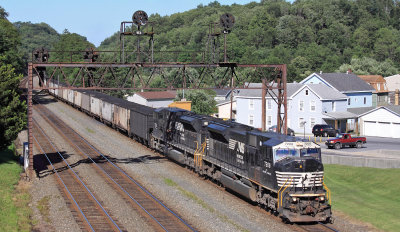 A freshly loaded coal train off the Portage branch eases down the mountain with a pair of SD80Macs on the point 