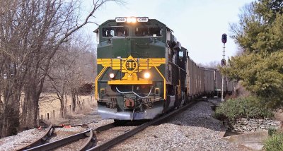 Erie 1068 leads NS 74J  out of the siding at Talmage, KY