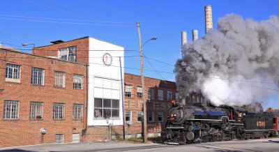 Southern 4501 in a classic pose with the old Peerless Mill at Rossville, Ga 