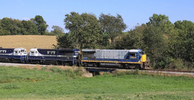 A Southbound empty train rolls through the farmland near Strodes Mill 